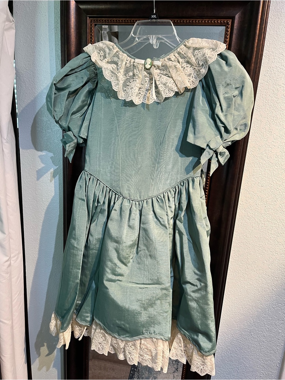 Vintage Dorissa International Nicole sage green satin and lace girls dress.